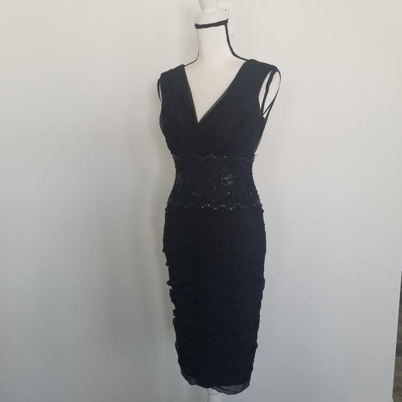 Tadashi Shoji Silk Chiffon Dress Pleated Beaded Size 2 black - Picture 4 of 8